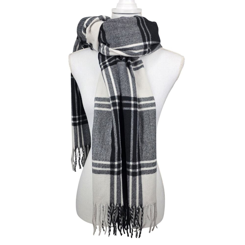BANANA REPUBLIC UNISEX BLACK PLAID WOOL BLEND BLANKET SCARF – 80" × 24", FRINGED